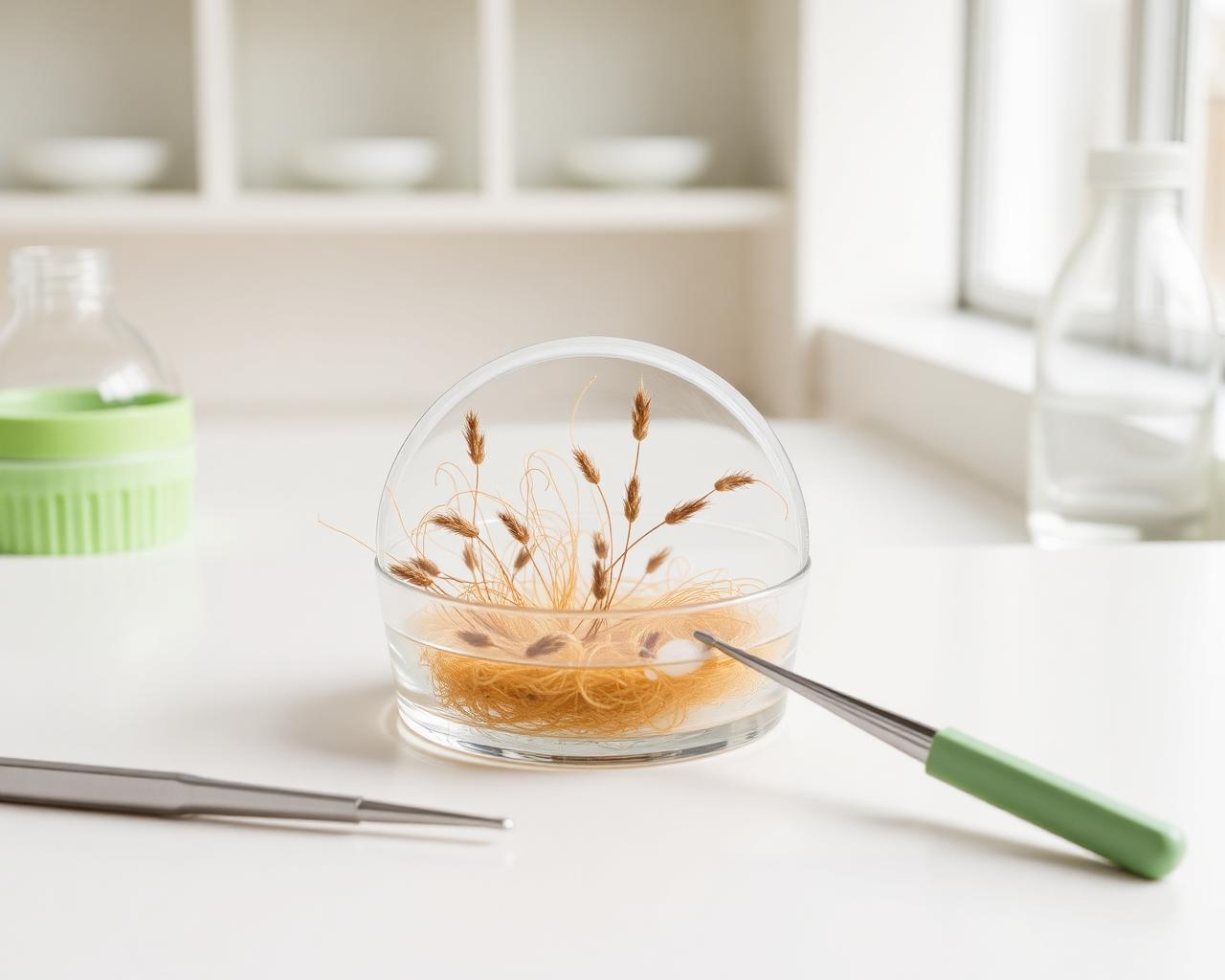 Natural plant fibres being studied in a laboratory petri dish